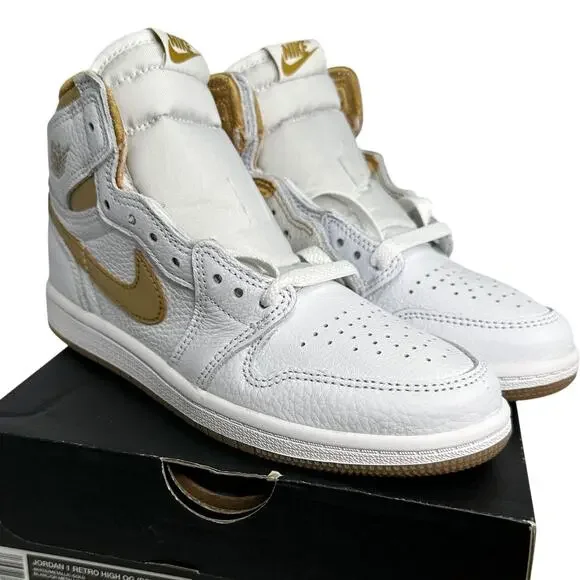 💎✨NEW IN BOX✨💎NIKE Jordan One Retro High OG (PS) White/Gold - Picture 3 of 7
